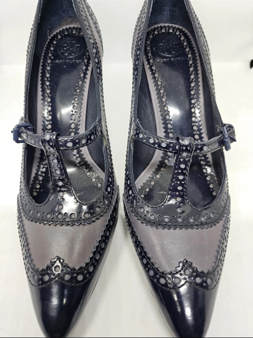 Tory Burch Black and Gray Pointed-Toe Mary Jane Heels - Picture 3 of 8